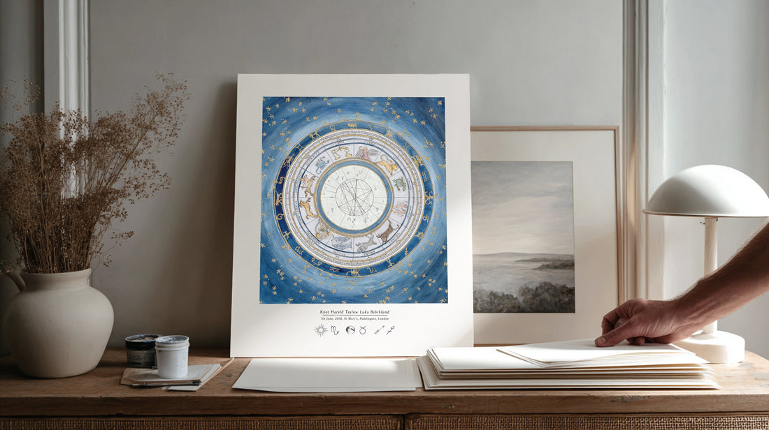 Styled interior view of a Dusk Blue custom astrological birth chart print by Atelier Holly