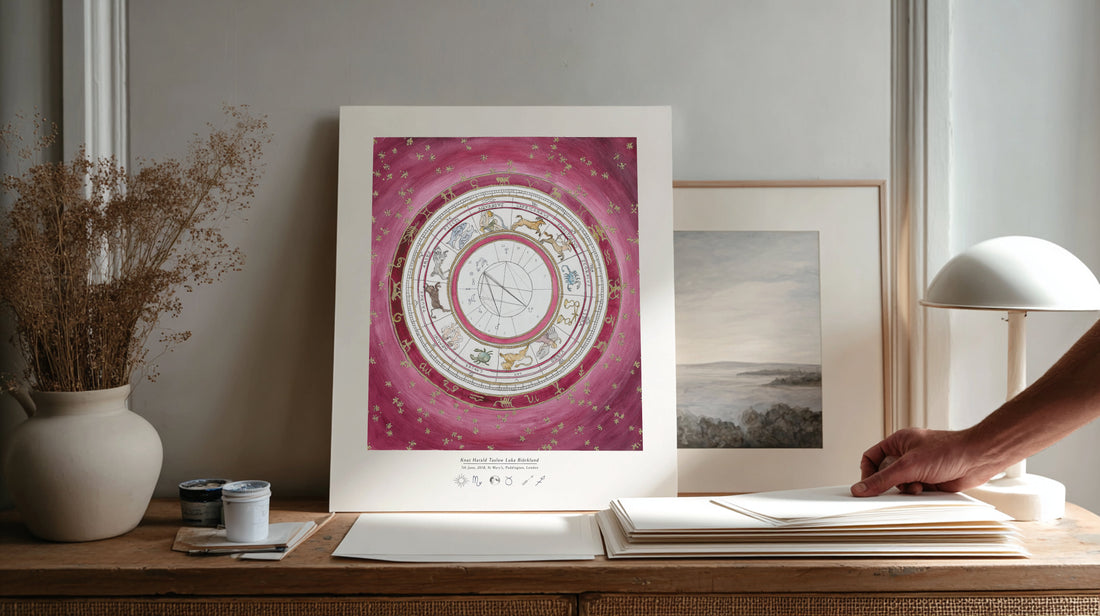 Styled interior view of a Rose custom astrological birth chart print by Atelier Holly