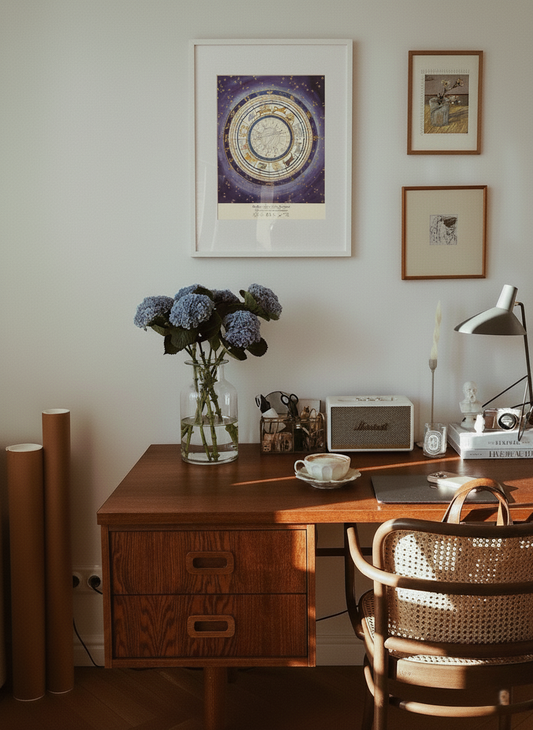 Wall view in a home interior of a Violet custom astrological birth chart print by Atelier Holly